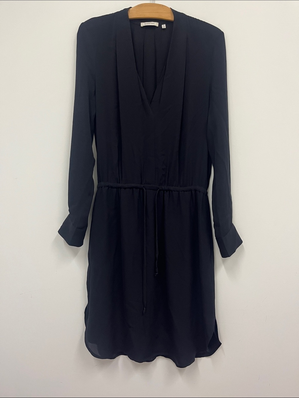 Babaton Black Silk Long-Sleeve V-Neck Drawstring Waist Dress size S